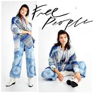Free People Blue and White Knit Cardigan